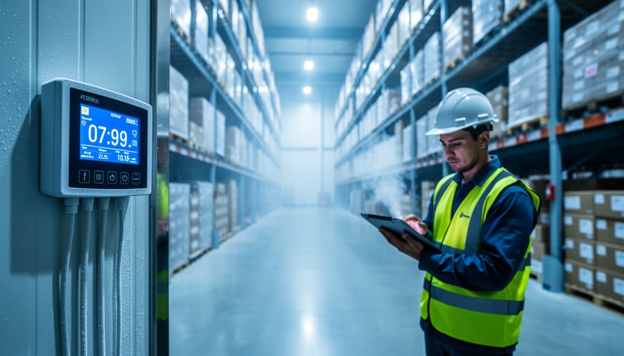 Distribution center worker monitoring refrigeration temperature with clipboard in hand
