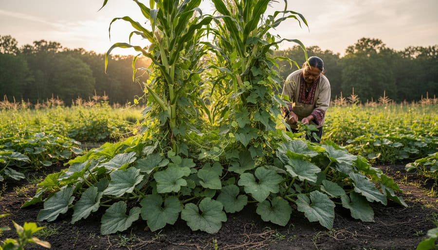 Overhead view of corn, beans, and squash growing together in traditional Three Sisters garden