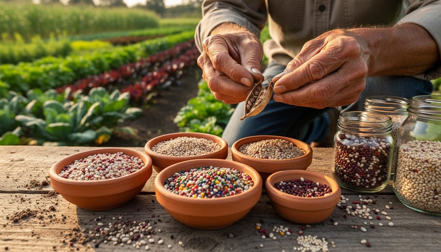 Traditional farmer holding collection of colorful heirloom seeds in cloth pouch