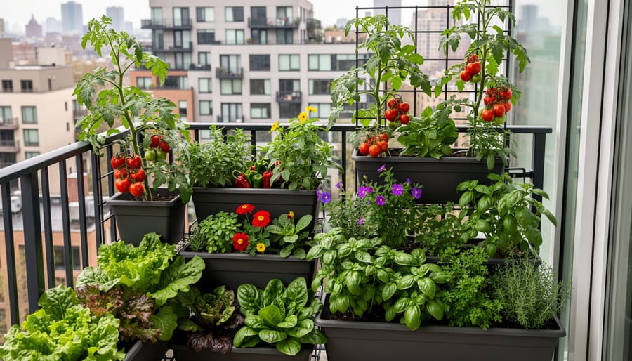 Thriving balcony container garden with vegetables and herbs in urban apartment setting