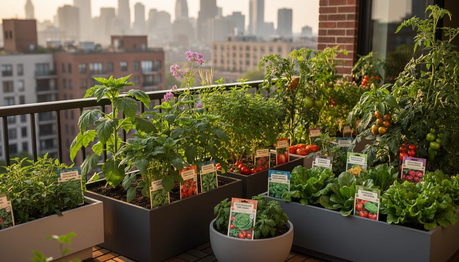 Assortment of vegetable and herb seeds with fresh produce showing successful harvest results