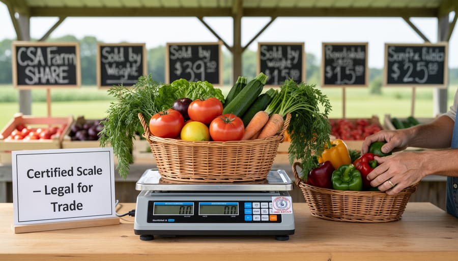 Farmer weighing fresh carrots on commercial scale at farm
