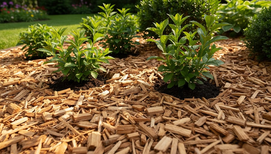 Wood chip mulch layer spread around garden plants in ornamental bed