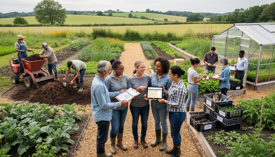 Farm workers and owners meeting together at outdoor table in collaborative setting