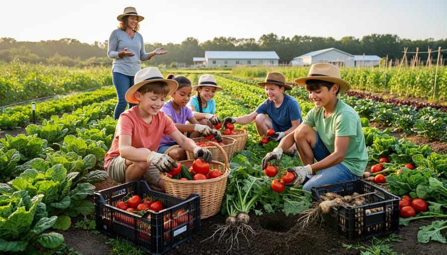 Group of homeschool children harvesting vegetables with farmer at organic CSA farm