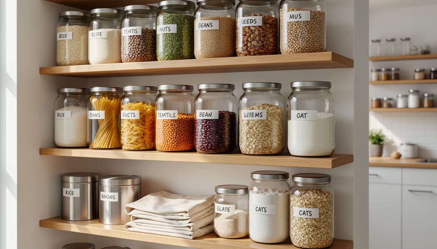 Overhead view of organized pantry with glass jars containing bulk grains, beans, and pasta