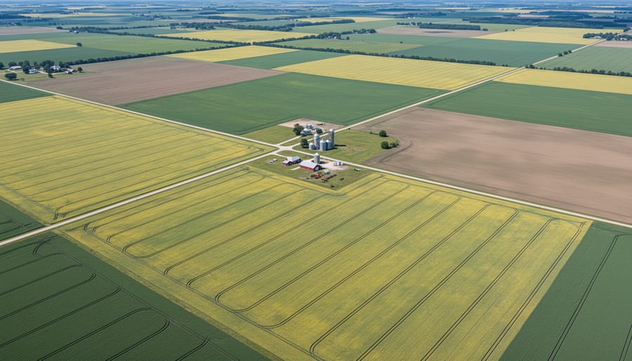 Aerial view of small organic farm showing organized crop rows and field patterns