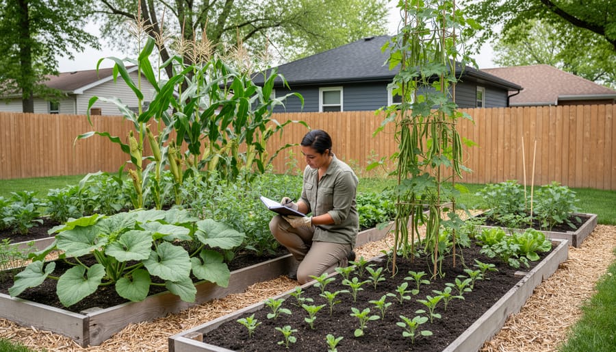 Gardener planting bean seeds beside corn seedlings using traditional companion planting method