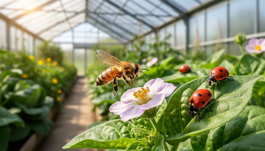 Honeybee and ladybug on flowering plant inside organic greenhouse