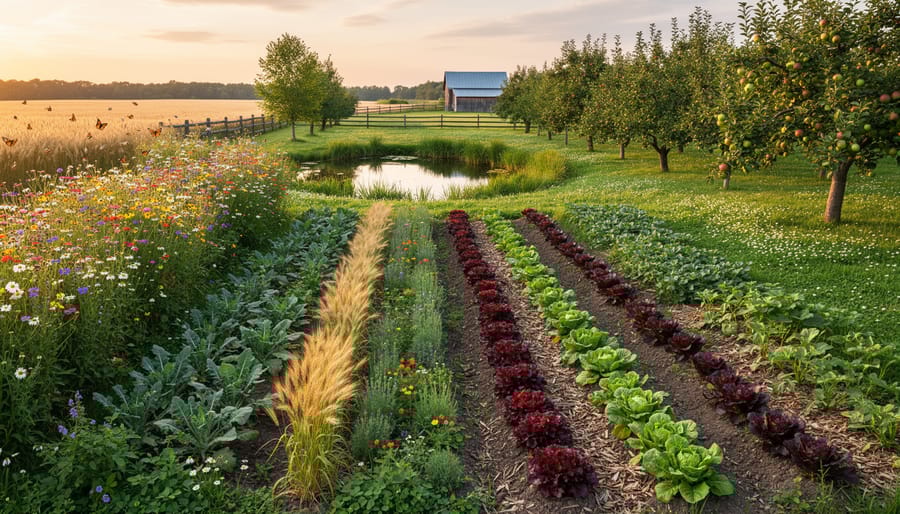 Diverse vegetable garden showing multiple crop varieties growing together including tomatoes, kale, marigolds, and lettuce