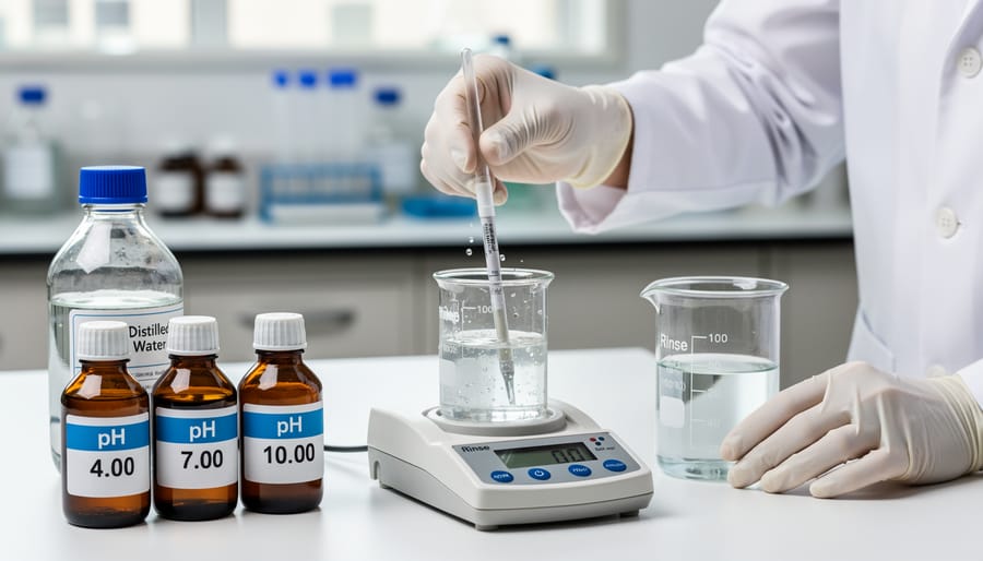 pH meter electrode being rinsed between buffer solution containers during calibration