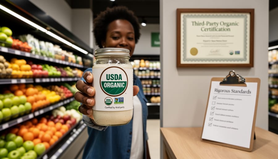 Fresh organic vegetables at farmers market with USDA Organic certification visible