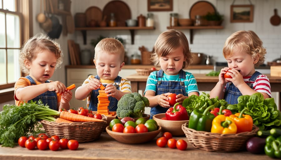 Diverse preschool children examining fresh vegetables on classroom table