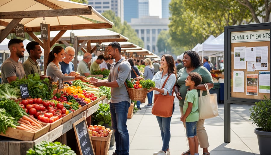 Overhead view of diverse hands exchanging fresh vegetables at farmers market stall
