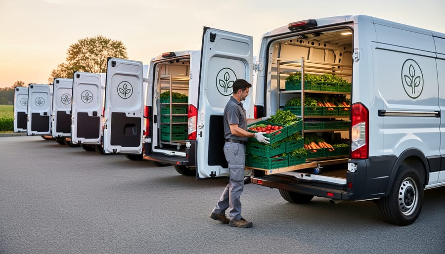 Clean interior of delivery van with organized crates of fresh vegetables