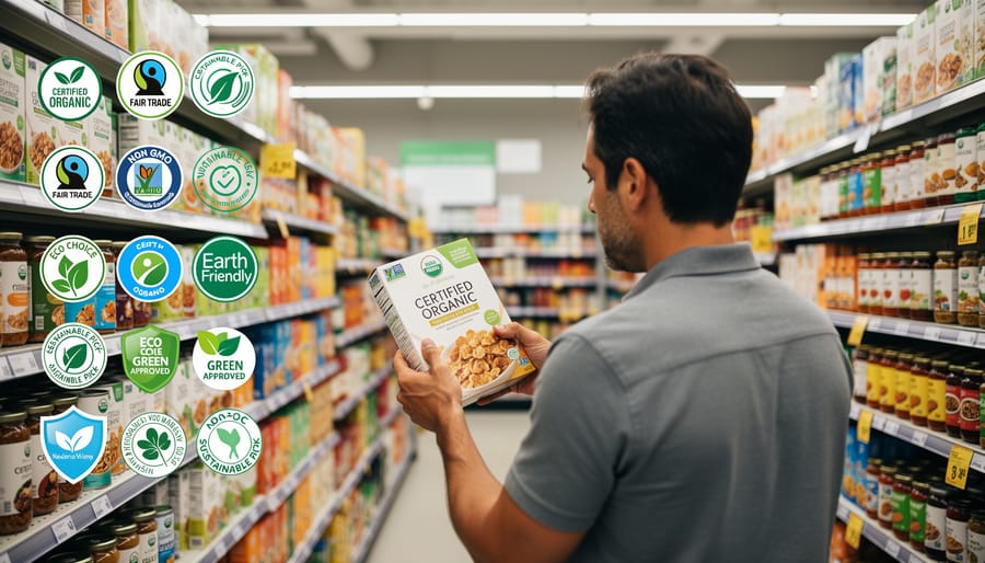 Shopper's hands comparing two food products with different eco-labels in grocery store