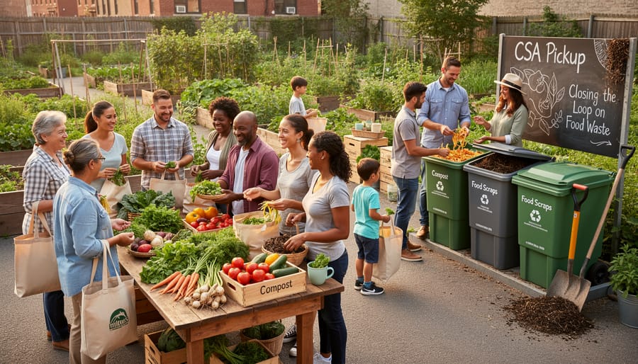 CSA members collecting fresh vegetables at farm pickup location with compost collection system