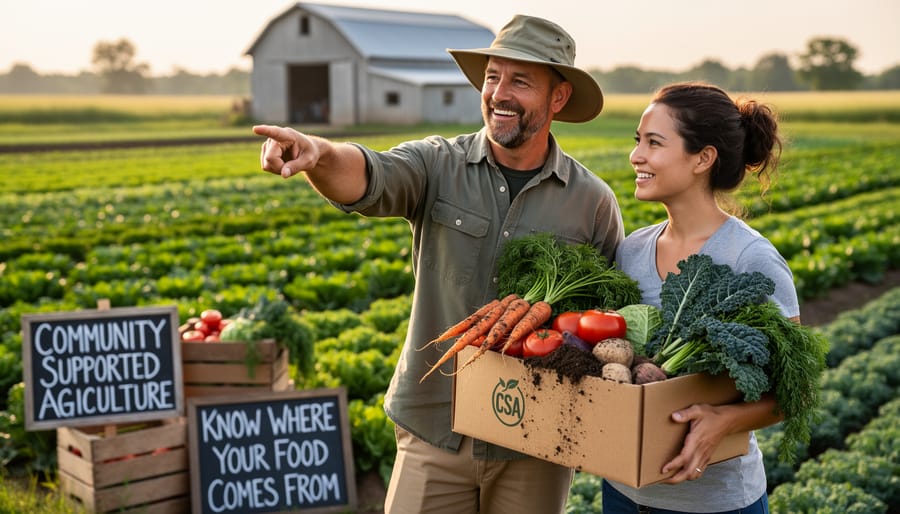 Farmer's hands holding freshly harvested vegetables in wooden basket with farm field in background