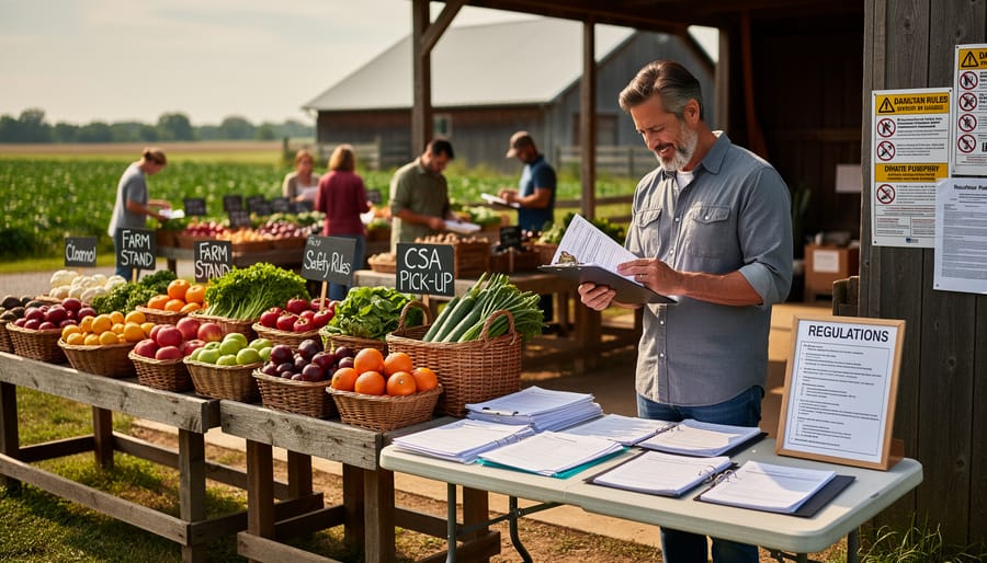Fresh organic vegetables displayed in wooden CSA box at farm stand