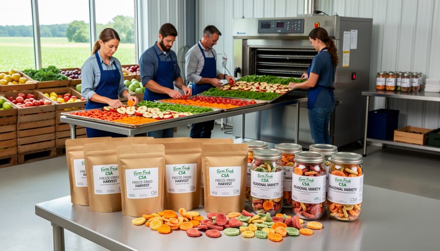 Farmer with abundant CSA harvest in barn setting showcasing seasonal produce variety