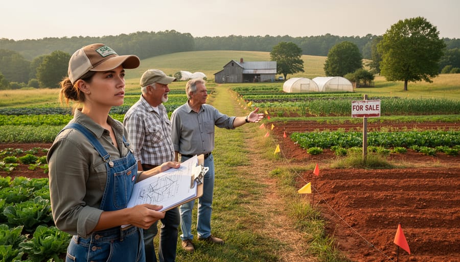 Young farmer tending vegetable rows on CSA farm with barn in background
