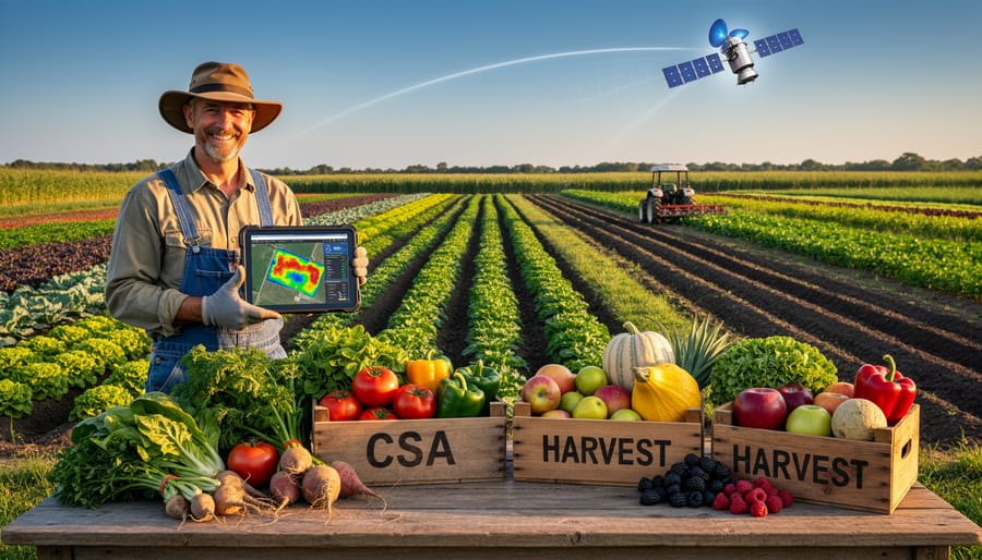 Wooden box filled with freshly harvested organic vegetables from CSA farm