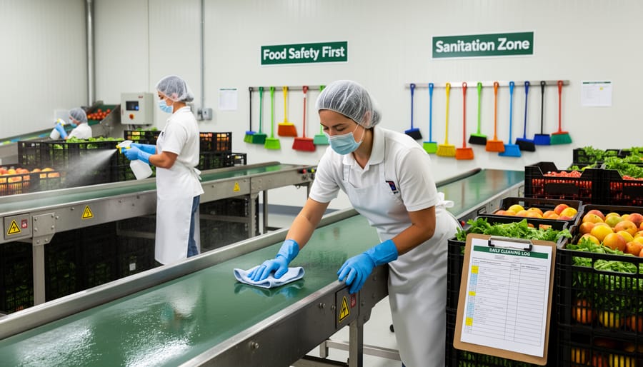 Farmer cleaning stainless steel work surface in packhouse with spray bottle and cloth