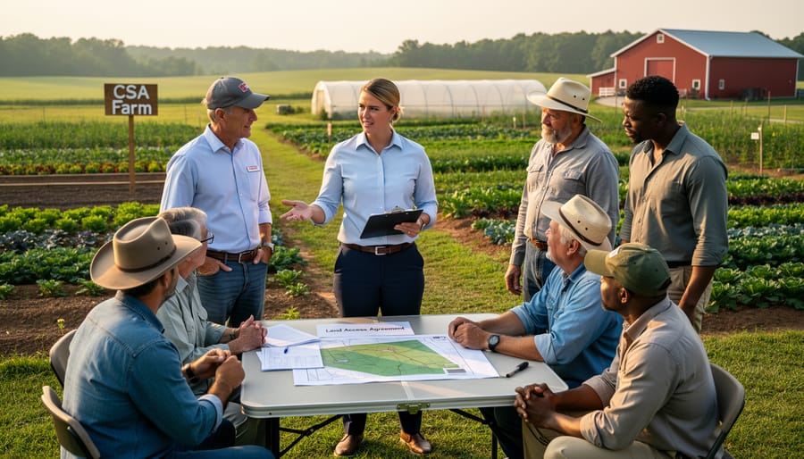Extension agent consulting with farmer at edge of agricultural field