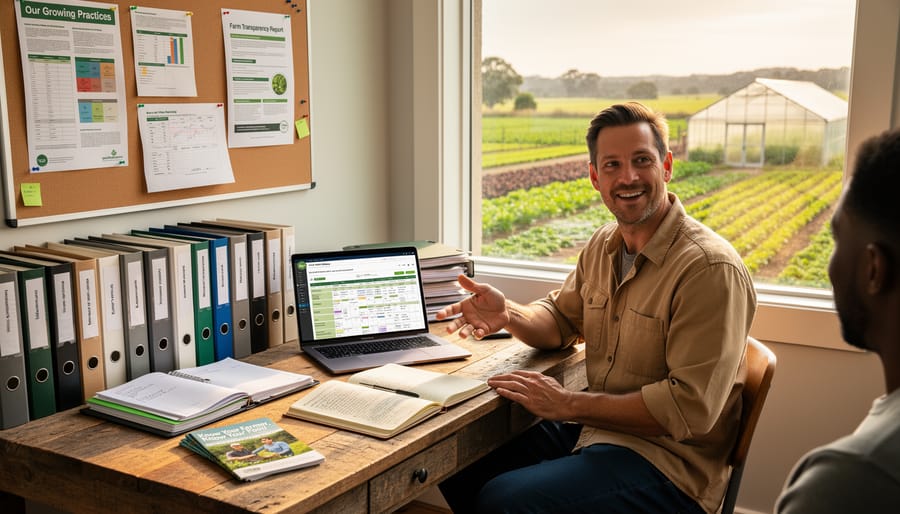 Farm journal with handwritten notes surrounded by gardening tools and vegetable samples on wooden table