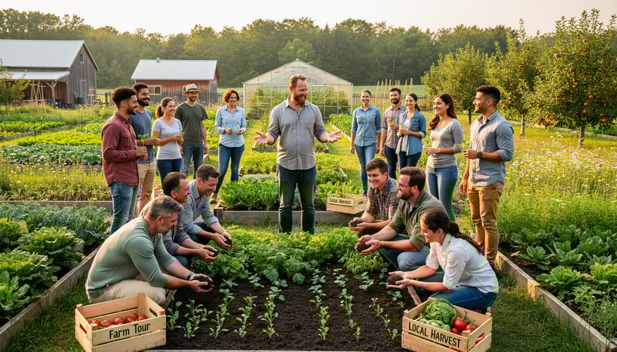 Family with children learning to harvest vegetables during farm tour experience with farmer