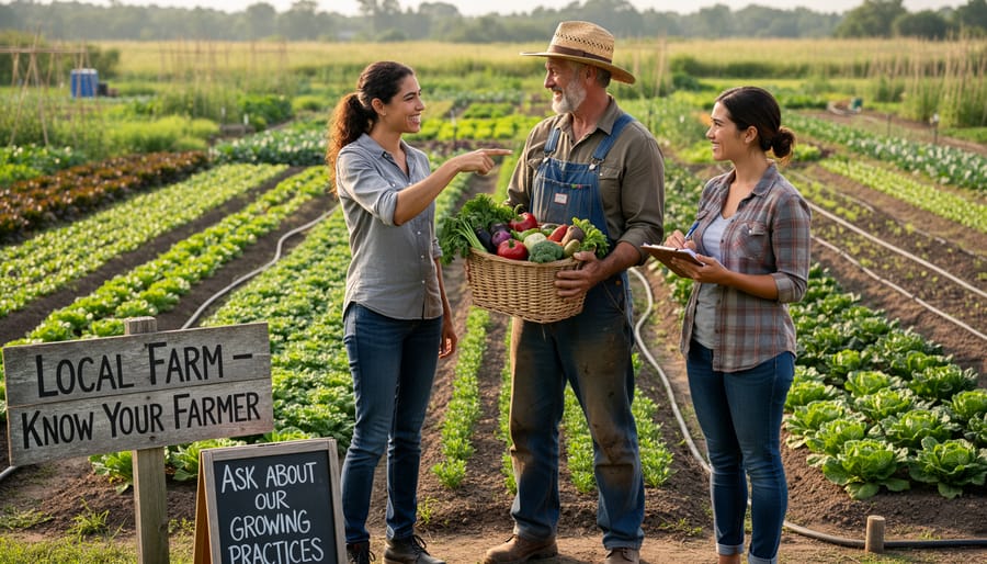 Farmer and customer having conversation at farmers market produce stand