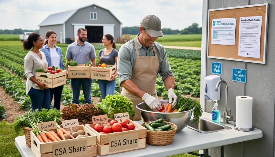 Farmer engaging with CSA customers in vegetable field during pickup