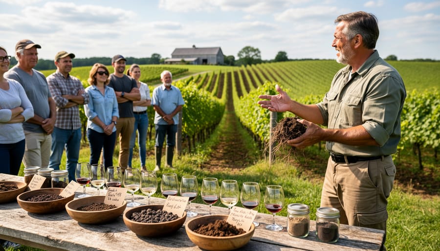Farmer discussing soil practices with visitors during farm tour