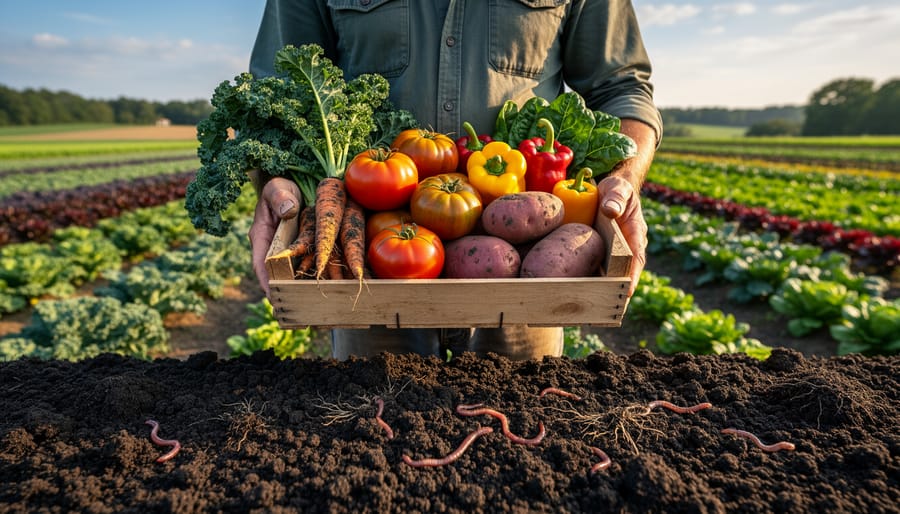 Farmer holding freshly harvested carrots with soil still attached