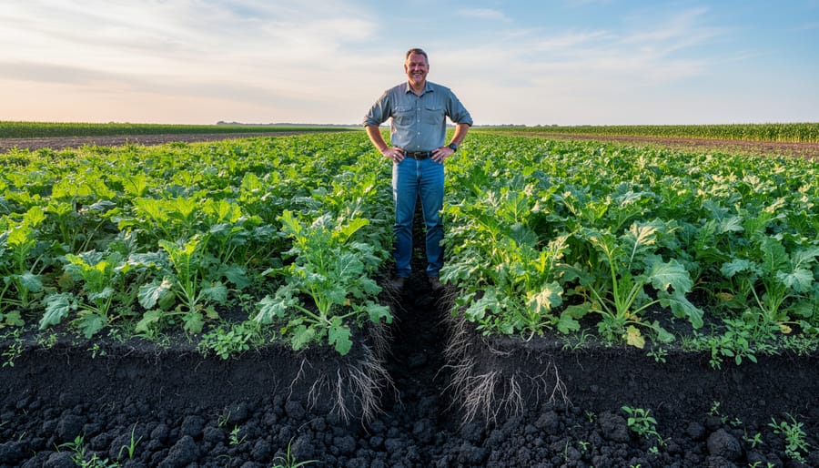 Farmer examining healthy dark soil from perennial crop field