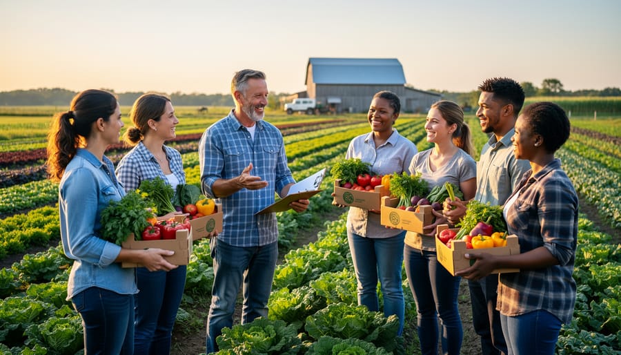 Farmer and CSA member examining fresh produce together in farm field