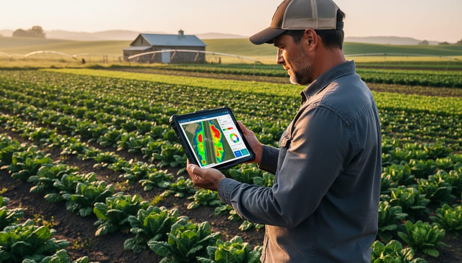 Farmer holding tablet with agricultural data in vegetable field