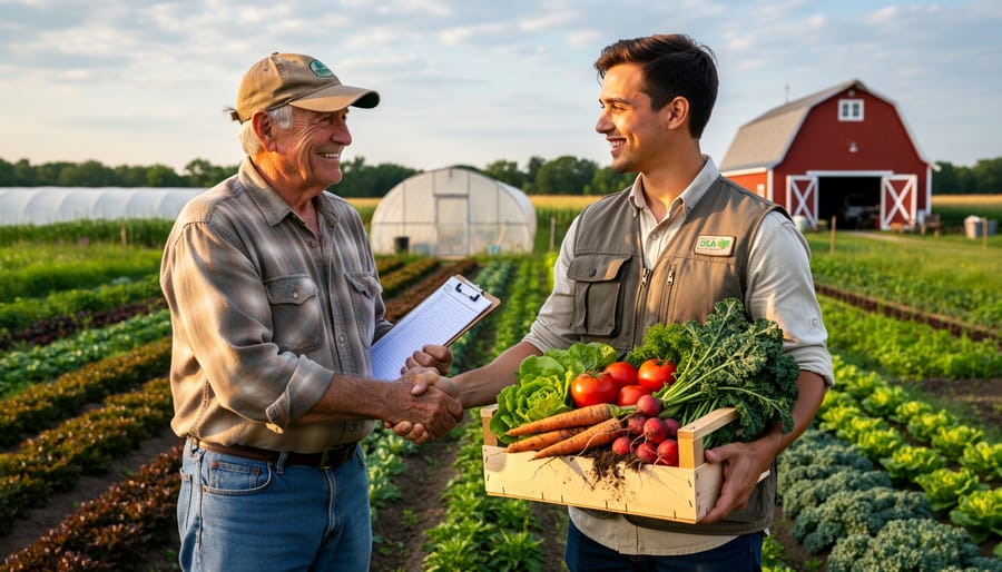 Farmers shaking hands in front of established CSA farm with greenhouse structures
