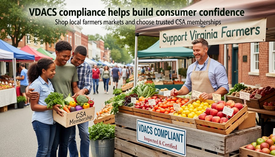 Customers shopping for fresh produce at Virginia farmers market with vendor assistance