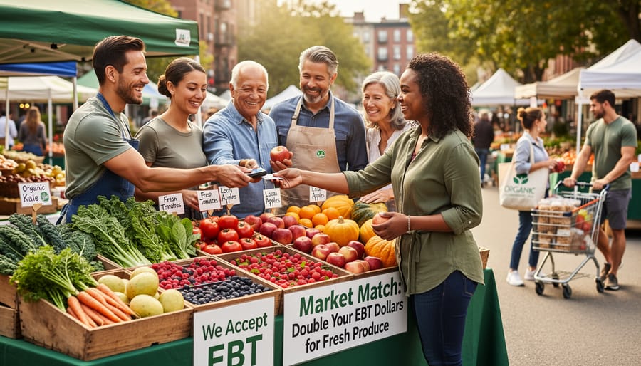 Farmers market vendor processing EBT payment with fresh produce display in background