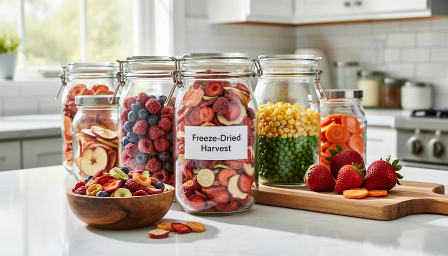 Mason jars filled with colorful freeze-dried vegetables arranged on kitchen counter