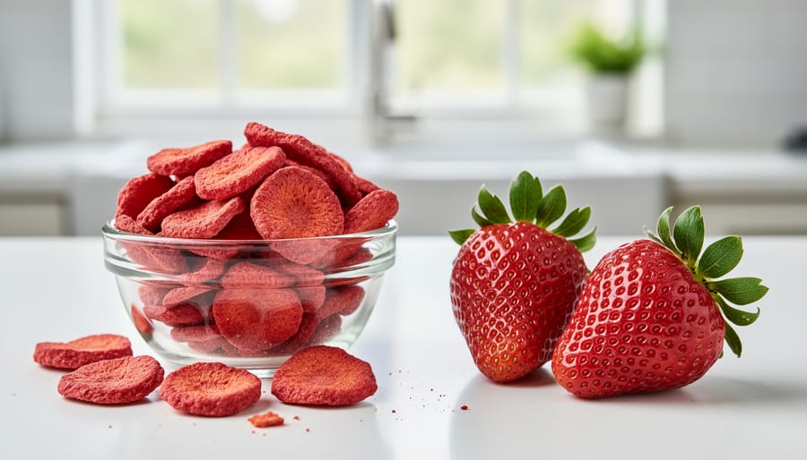 Close-up comparison of freeze-dried strawberries showing preserved color and distinctive porous texture
