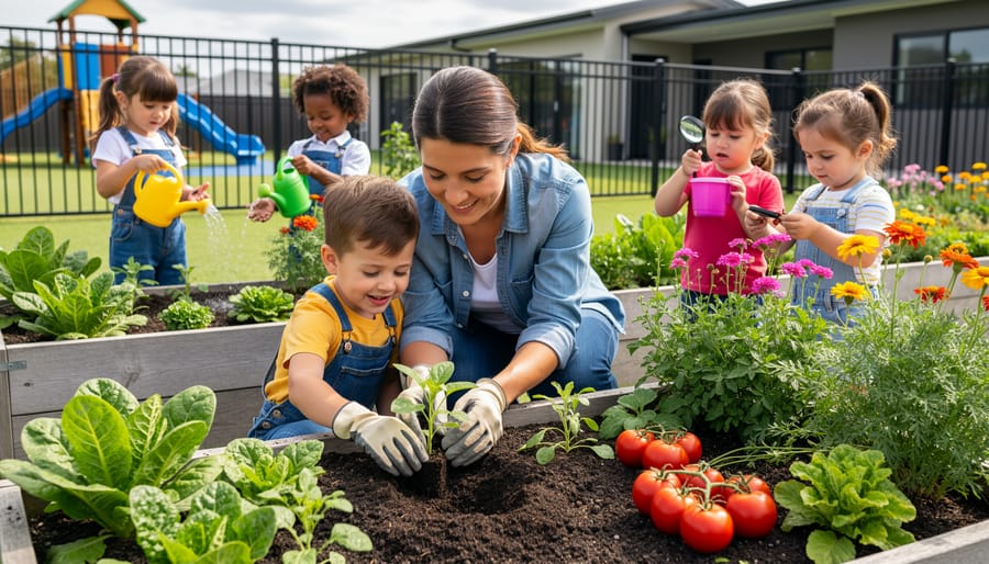 Preschool children and teacher working together in raised garden bed at learning center