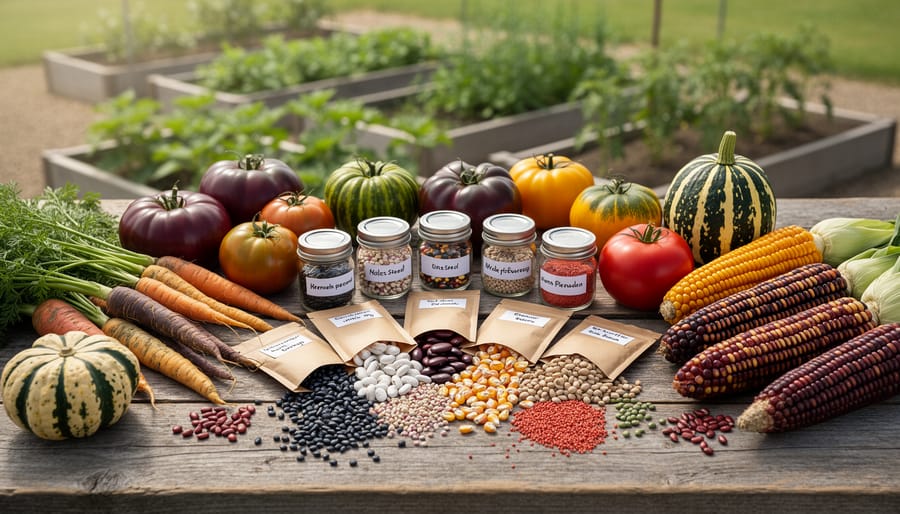 Farmer's hands holding diverse collection of colorful heirloom seeds including beans, corn, and squash