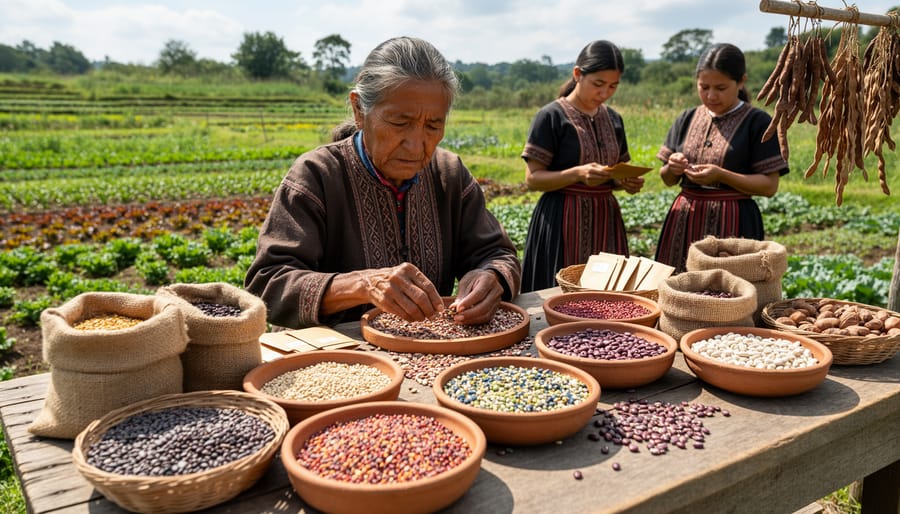 Collection of diverse heirloom seeds including corn, beans, and squash varieties held in hands