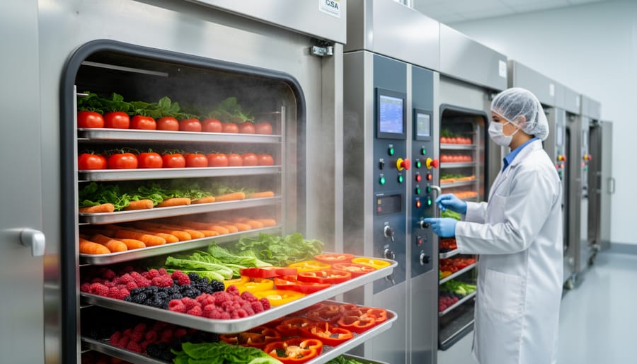 Fresh vegetables and fruits arranged on trays inside industrial freeze-drying equipment