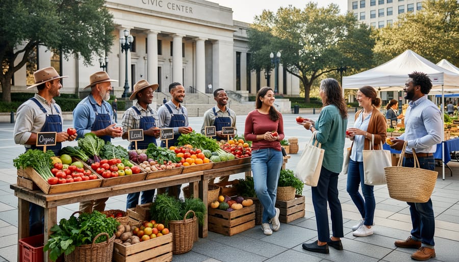 Farmer arranging colorful heirloom tomatoes at Civic Center Farmers Market stall