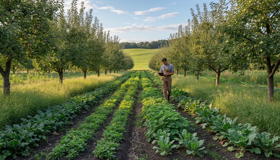 Mixed perennial farm showing fruit trees, berry bushes, and perennial vegetable rows