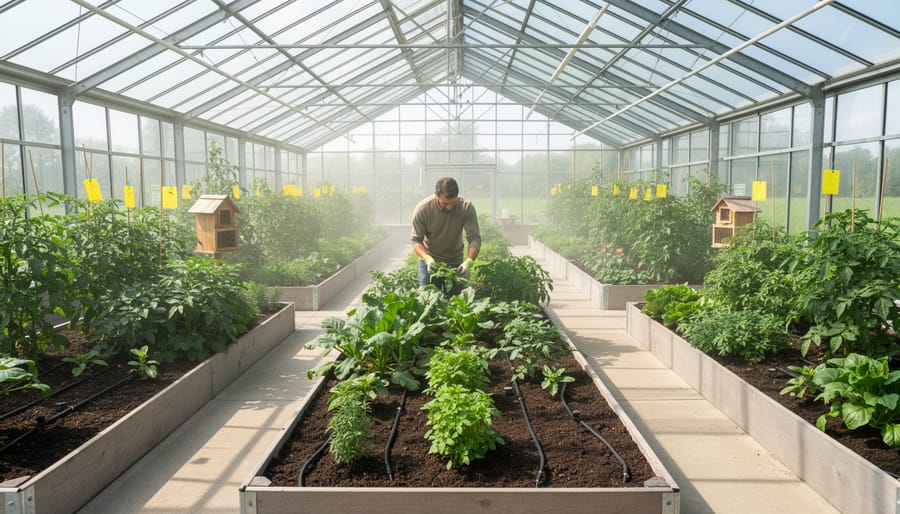 Interior view of organic greenhouse with rows of healthy vegetables growing in soil