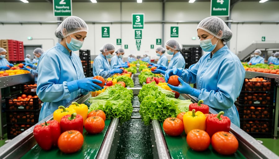 Farmer's gloved hands washing fresh leafy greens under running water in packhouse sink